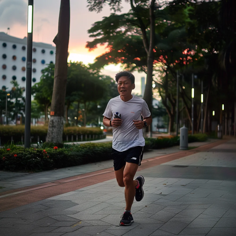 50 year old asian male exercising to manage symptoms of andropause and improve quality of life.