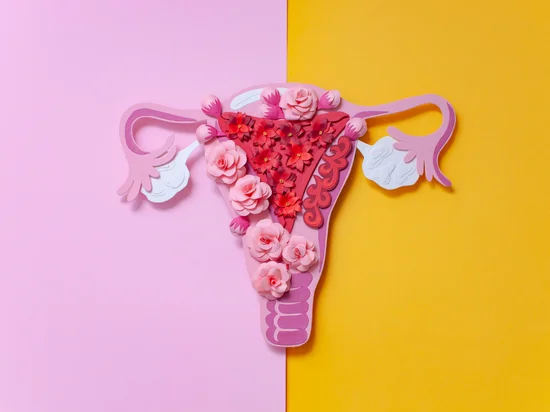 Artistic uterus illustration with flowers representing Polycystic Ovary Syndrome (PCOS) awareness.