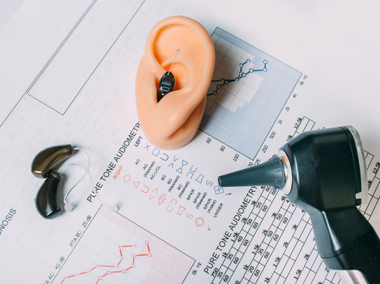 Audiogram with hearing aids and otoscope showing how hearing test results classify hearing loss.