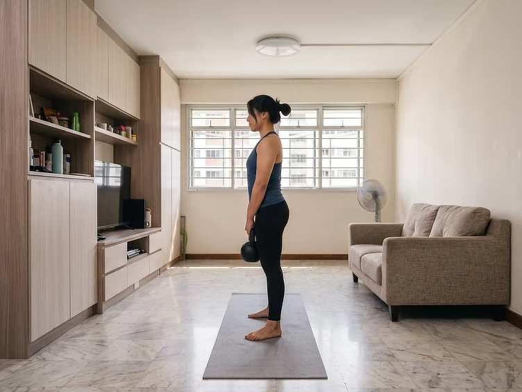 Woman doing a kettlebell deadlift on an exercise mat in her living room at home.