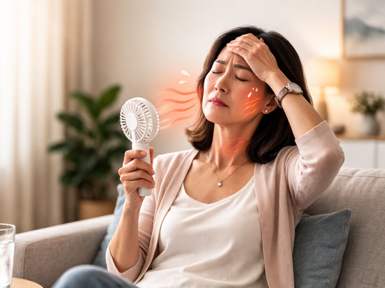 Middle-aged woman undergoing menopause experiencing hot flush using handheld fan.