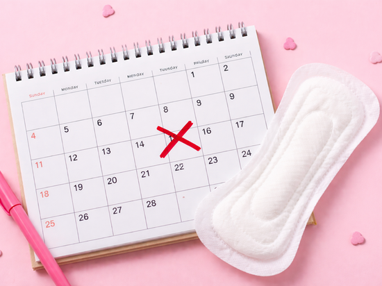 Calendar with a crossed-out date beside a menstrual pad showing late period.