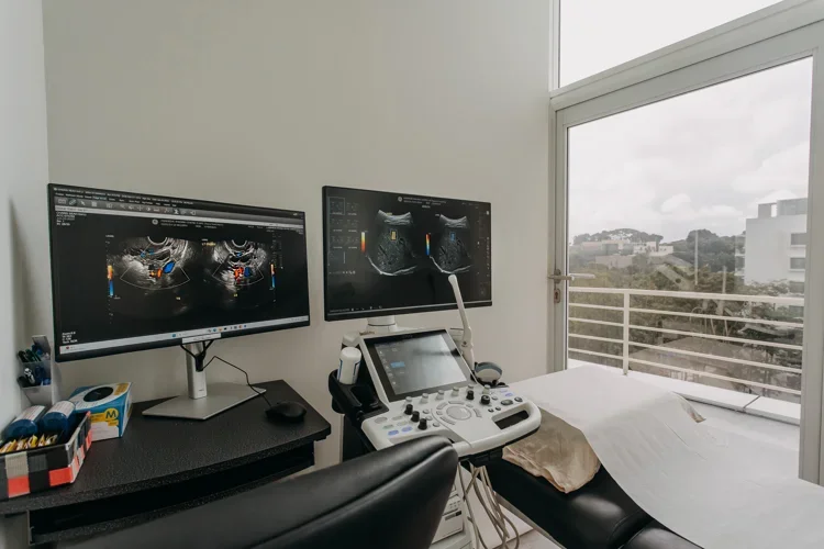 Ultrasound machine and bed setup for prostate imaging at ATA Medical.
