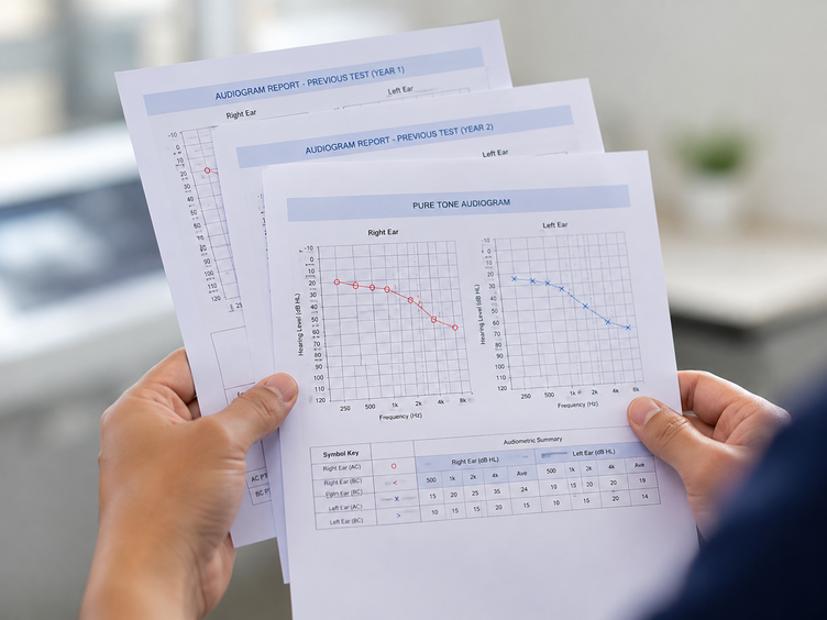 Audiogram reports compared to track a noise-exposed worker's hearing.