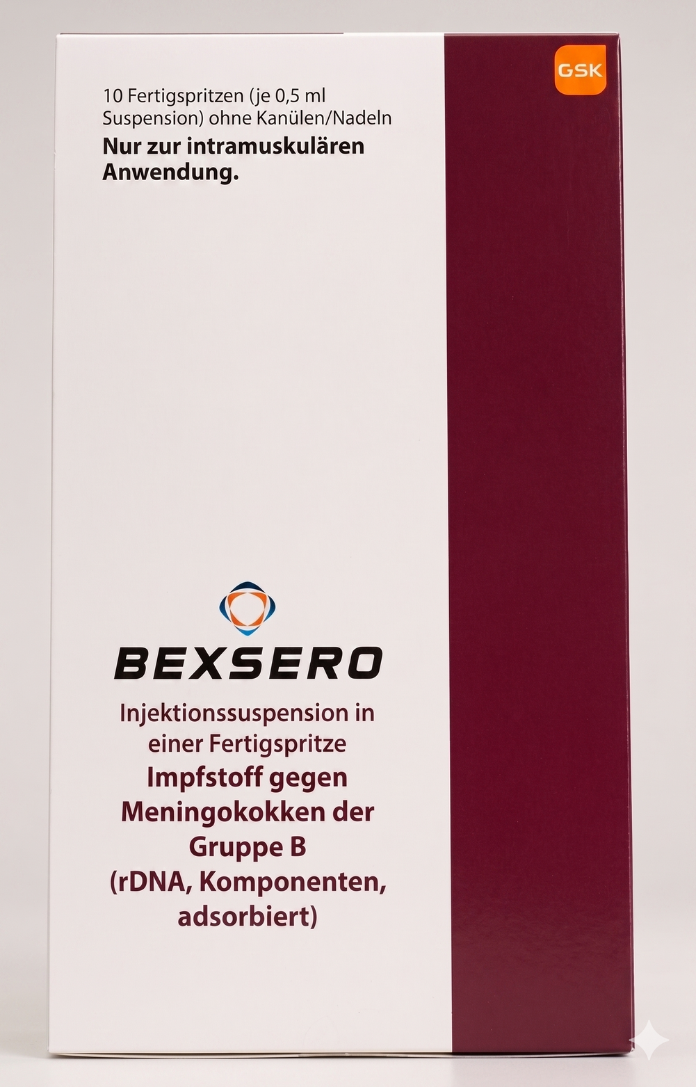 Bexsero MenB vaccine box by GSK for meningococcal group B protection.