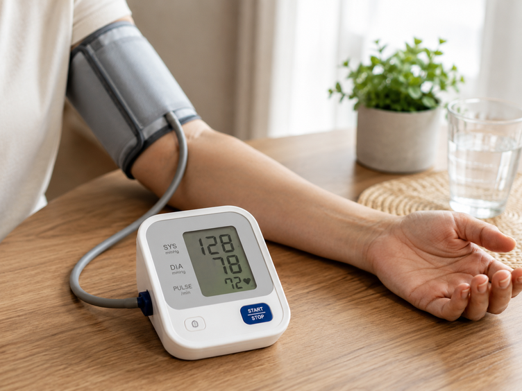 Person checking their blood pressure at home with an upper-arm monitor.