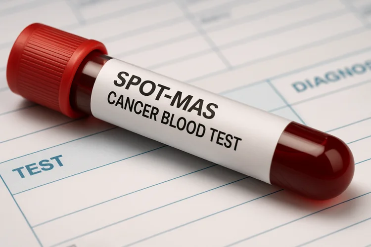 Blood sample labelled SPOT-MAS Cancer Blood Test placed on medical form for early cancer screening.