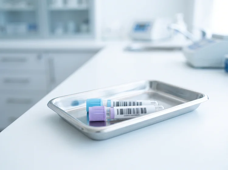 Blood sample tubes on a steel tray on a clinic counter, ready for testing.