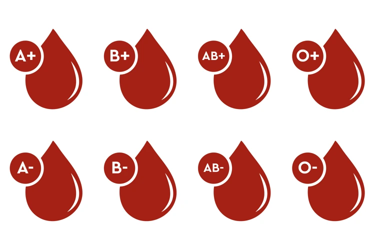 Illustration of blood drops represented by the 8 blood types.