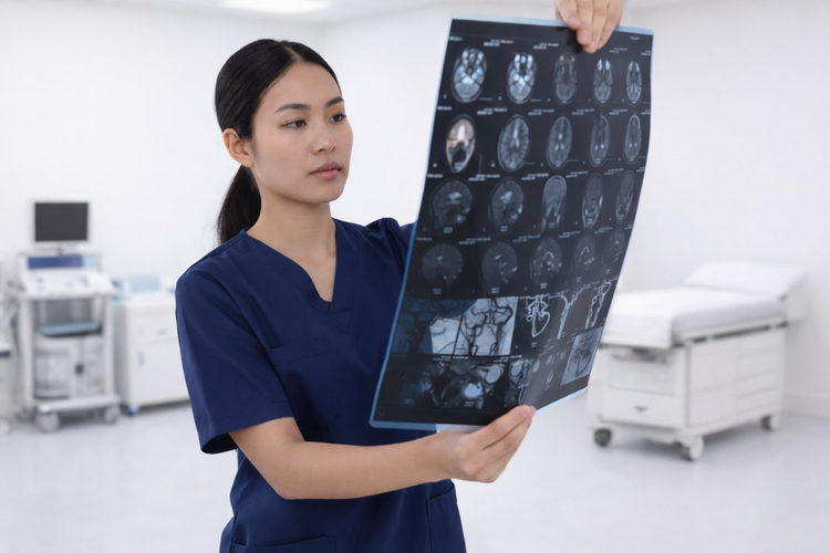 Healthcare professional reviewing patient’s MRI images after full body MRI scan.