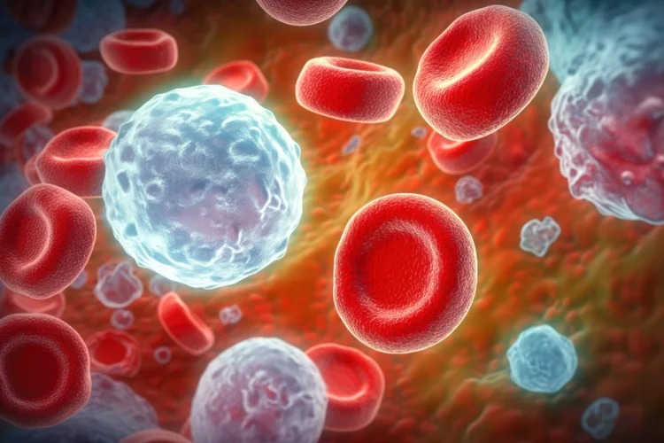 Close-up of red blood cells and tumour DNA fragments showing SPOT-MAS ctDNA cancer detection.
