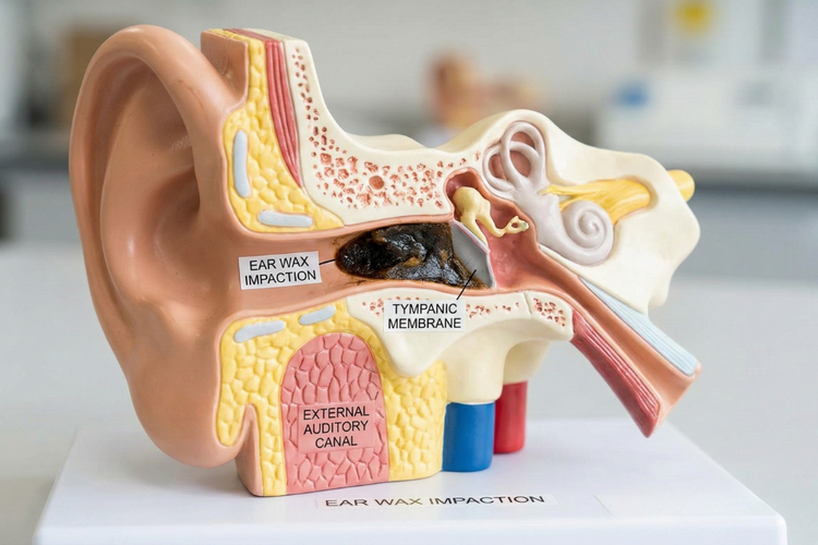 Cross-section ear model showing ear wax impaction near the eardrum and external auditory canal.