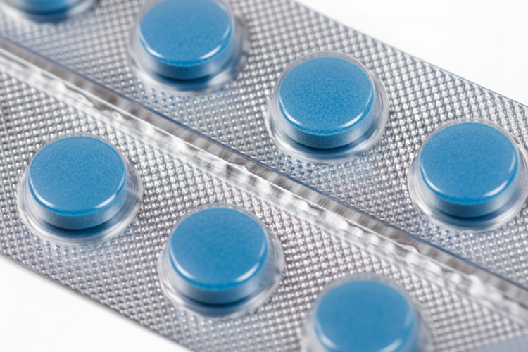 Blue dapoxetine tablets in a blister pack for premature ejaculation treatment.