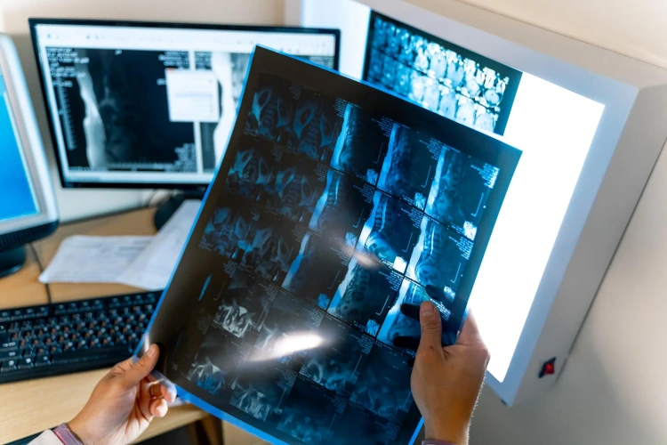 Doctor analyzing X-ray imaging results of patient's DEXA scan.