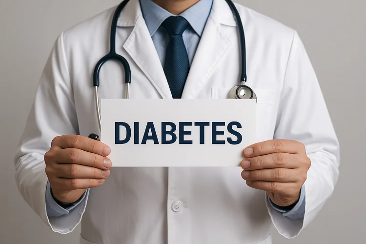 Doctor holding card showing diabetes to highlight suitability for continuous glucose monitoring.