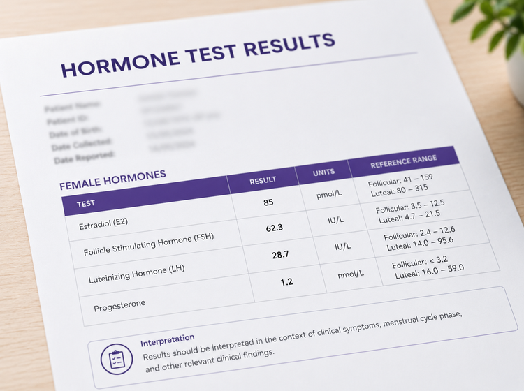 Female hormone test results used for hormone replacement therapy assessment.