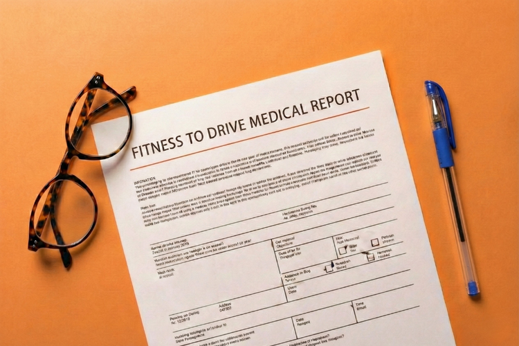 Fitness to drive medical examination report on orange table with glasses and a pen.