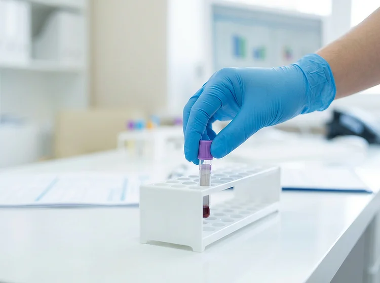 Gloved hand placing a purple-topped blood tube into a sample rack.