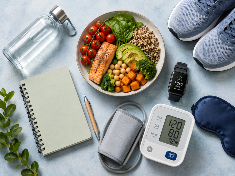 Healthy meal, trainers, sleep mask and monitor representing lifestyle medicine.