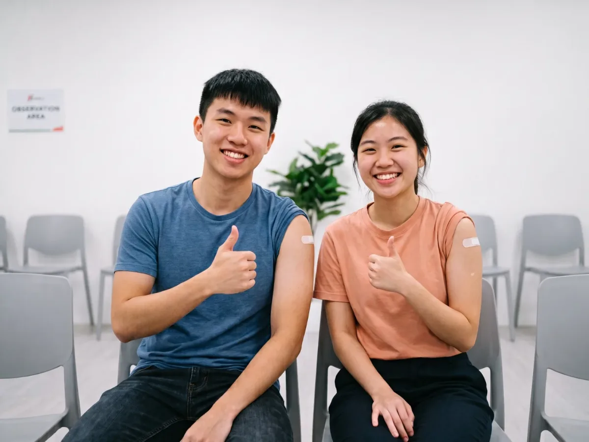 Young man and woman in a clinic giving a thumbs up, plasters on their arms