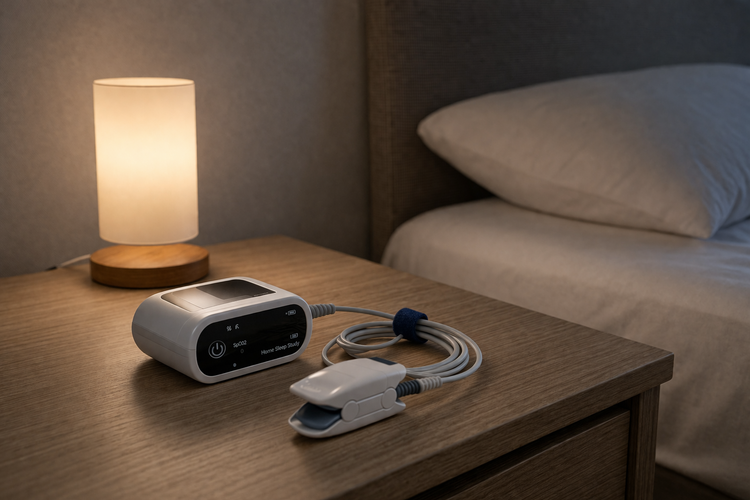 Home sleep test device with finger oximeter on a bedside table next to a bed.