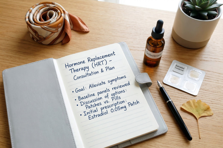 Notebook detailing hormone replacement therapy (HRT) treatment options on a desk.