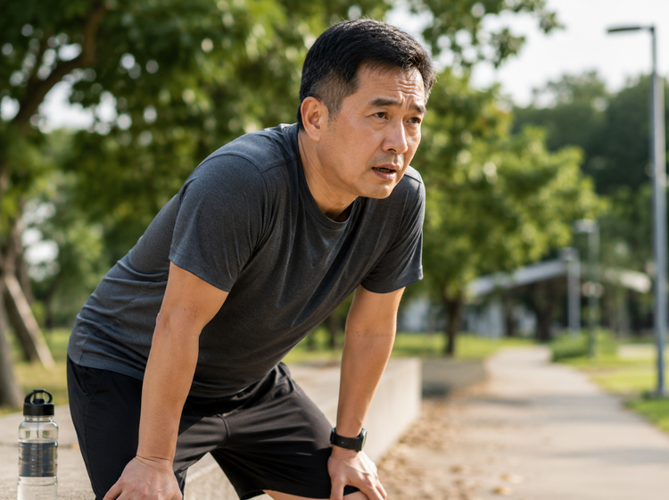 Man with low testosterone symptoms resting after light exercise.