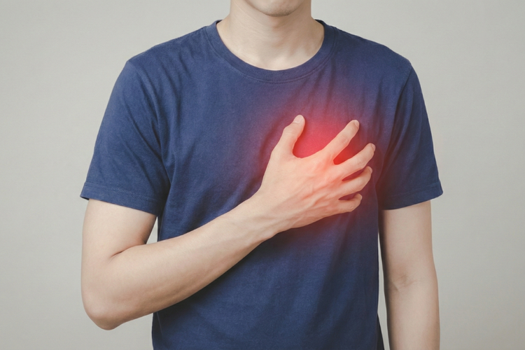 Man holding his chest, representing heart conditions unsuitable for sildenafil (Viagra).