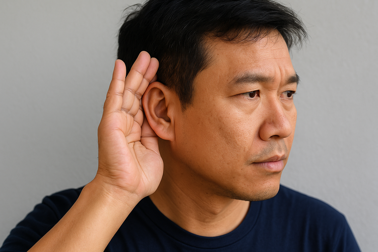 Man cupping ear struggling to hear illustrating hearing loss causes such as age-related changes.