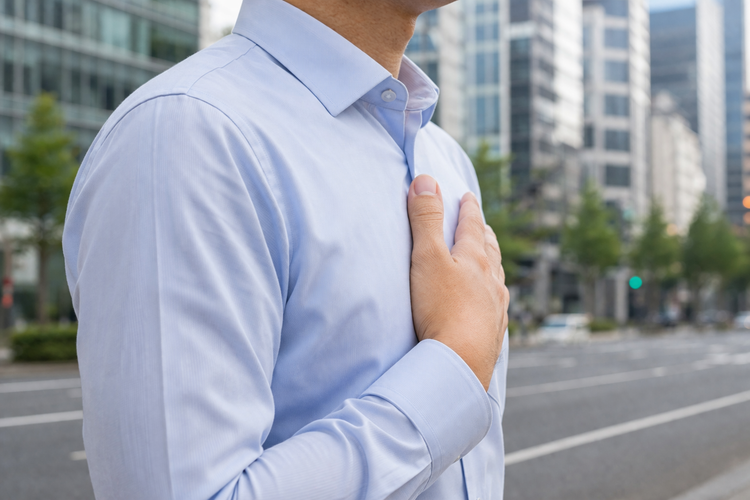 Man holding his chest while outdoors, suggesting palpitations or discomfort.