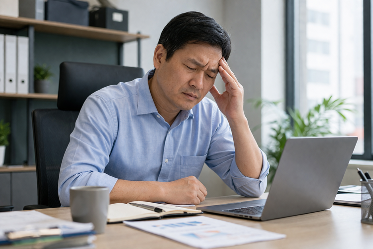 Man at his desk experiencing daytime fatigue, a common symptom of sleep apnoea.