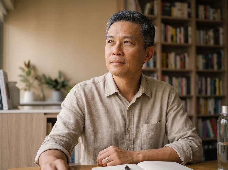 Man in his forties sitting thoughtfully at a desk with an open notebook and pen.