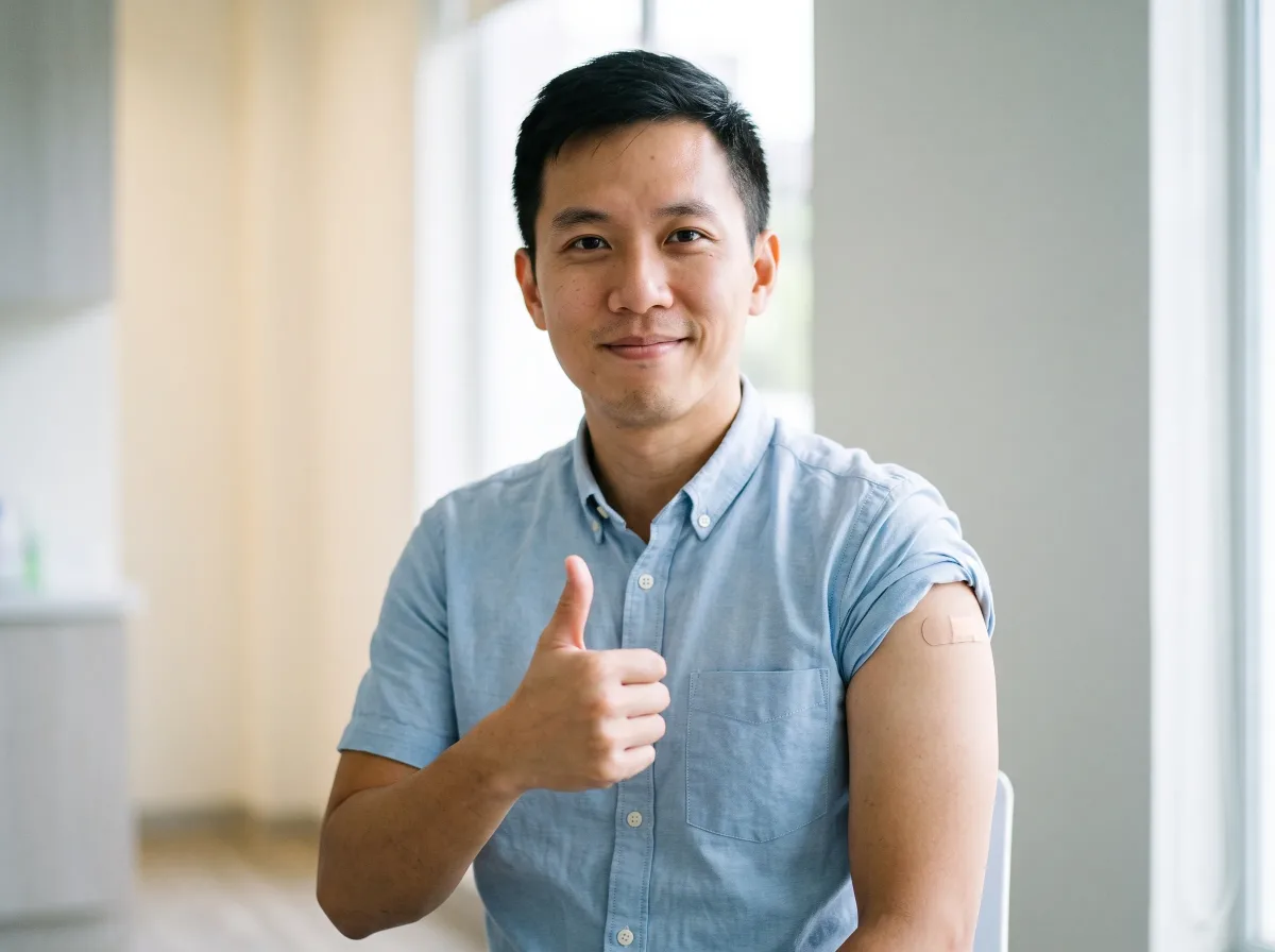 Smiling man in a light blue shirt giving a thumbs up with a plaster on his arm