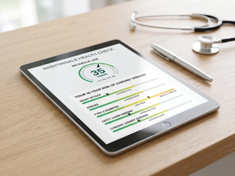 Tablet showing a metabolic age of 35 and ten-year chronic disease risks.