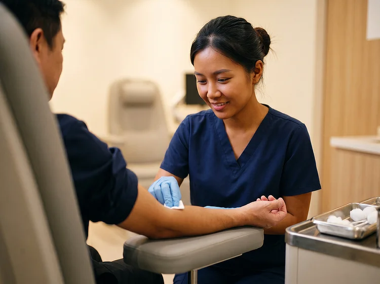 Nurse in navy scrubs cleaning a patient's inner arm with a swab at a clinic.