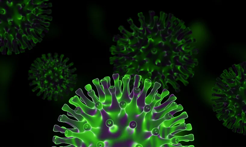 3D virus illustration showing Omicron JN.1 variant.