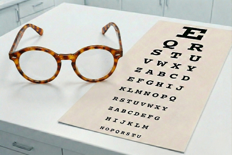 Vision test chart and tortoiseshell glasses used during PDVL eye assessment.
