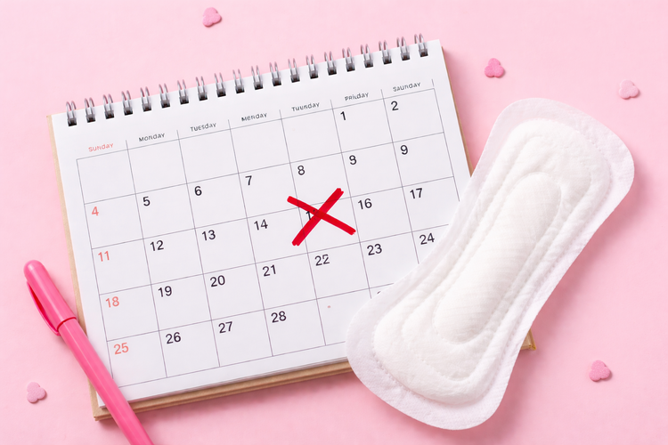 Calendar with a crossed-out date beside a menstrual pad showing late period.