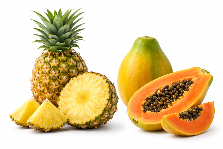 Whole and cut pineapple and papaya often linked to myths about inducing periods.