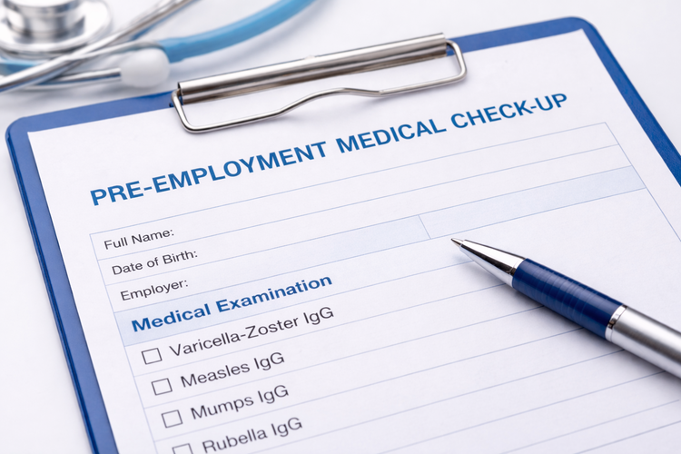 Pre-employment medical check-up form listing serology tests like Measles IgG.