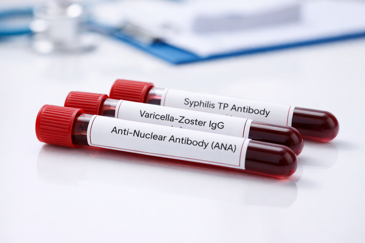 Three blood tubes for Syphilis TP Antibody, Varicella-Zoster IgG, and ANA testing.