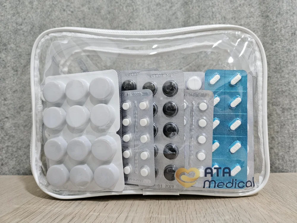 Clear travel medical kit with medications for common travel-related conditions.