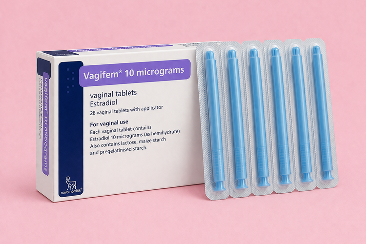 Vagifem 10 microgram vaginal oestrogen tablet box with applicators.