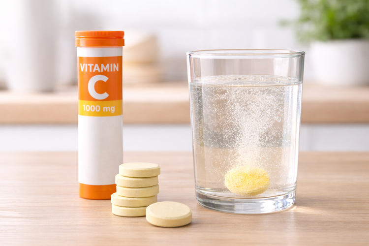 Effervescent vitamin C tablet dissolving in water beside supplement tube.