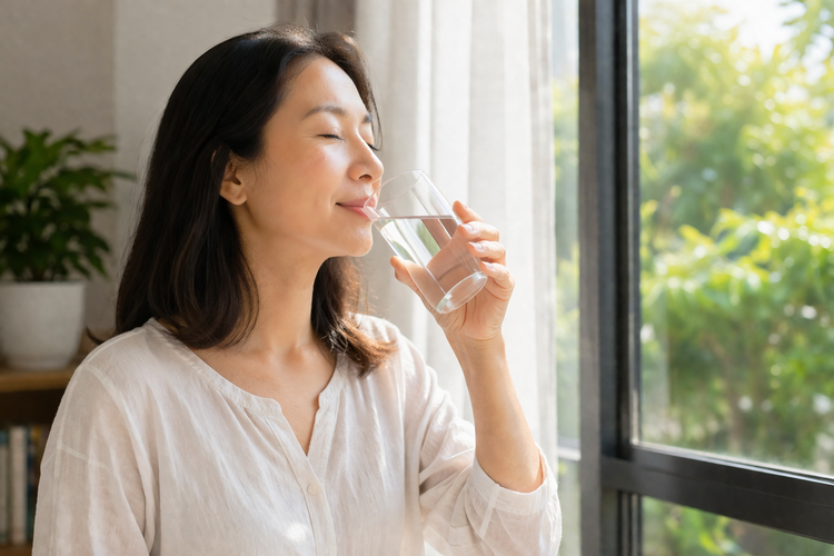 Woman drinking water with her hand on stomach, showing good metabolic health.