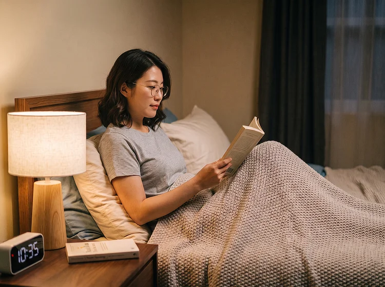 Woman reading a book in bed at night beside a lamp and a digital clock.