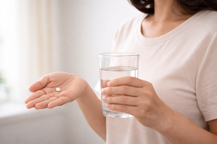 Woman holding a single tibolone tablet and glass of water for her daily dose.