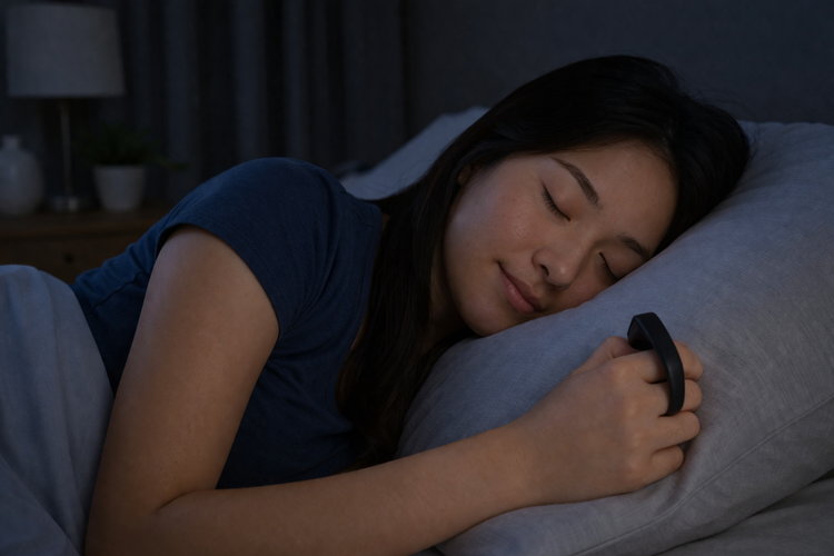 Woman sleeping comfortably while wearing a ring-based home sleep test device.