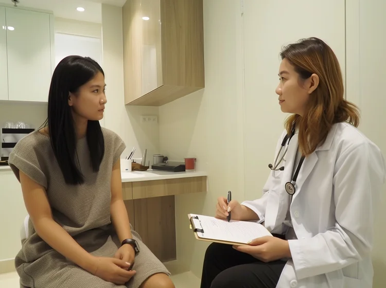 A young Singaporean woman consulting a female doctor in a modern general practitioner clinic, seated in a private room with the doctor attentively listening and holding a clipboard, symbolising personalised care and diagnosis for irregular periods.