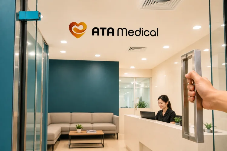 患者步入爱德医疗新加坡诊所，接待处与舒适等候区让候诊时间更短